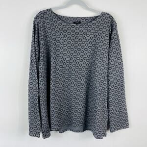 Talbots Top 2X Printed Long Sleeve Cotton Gray Black Flocked Casual